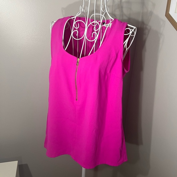 Trina Turk Hot Pink Gold Zip Top Banning Sz Small Keyhole Back Preppy Resortwear - Picture 1 of 4